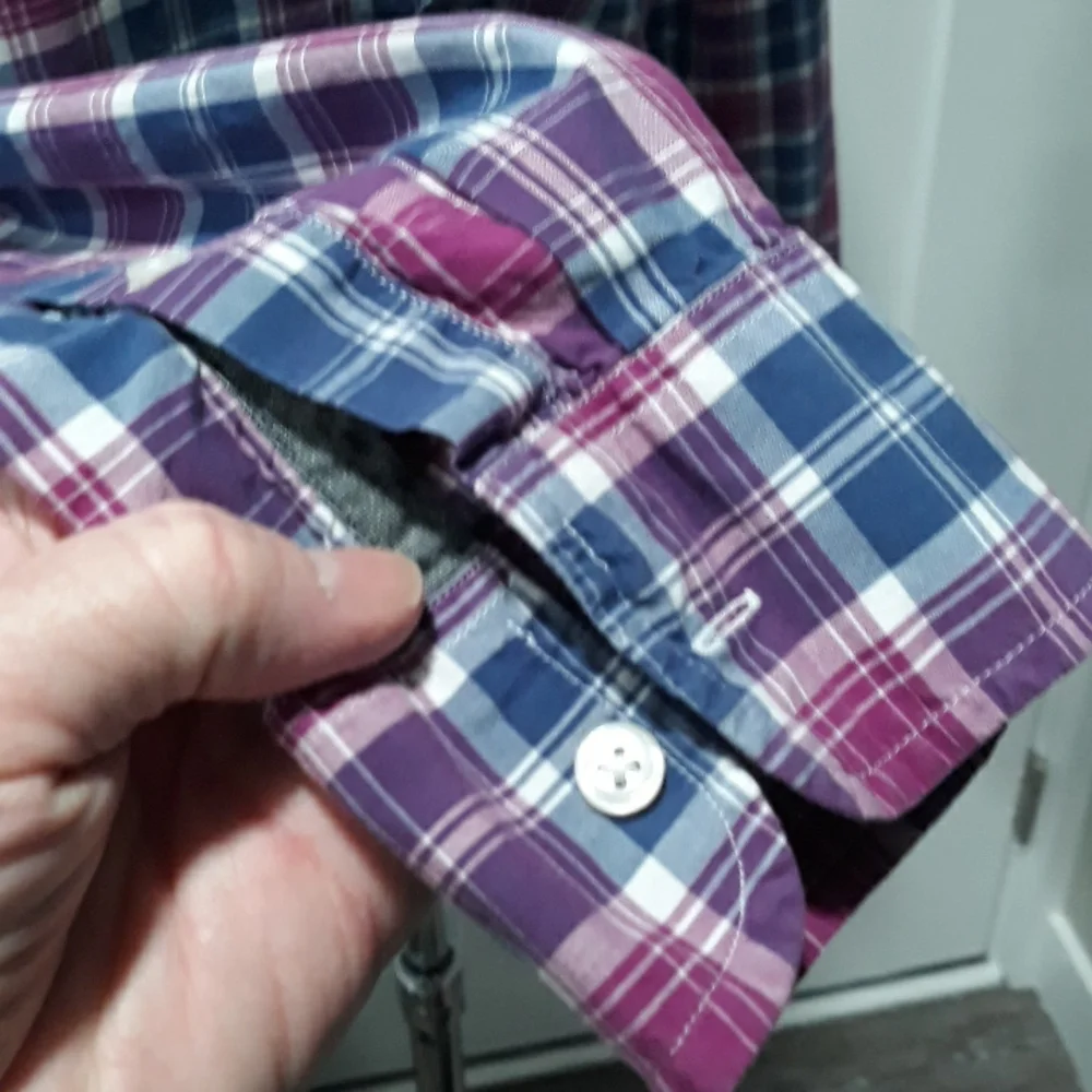 J. Crew mens purple and blue plaid cotton shirt. Medium